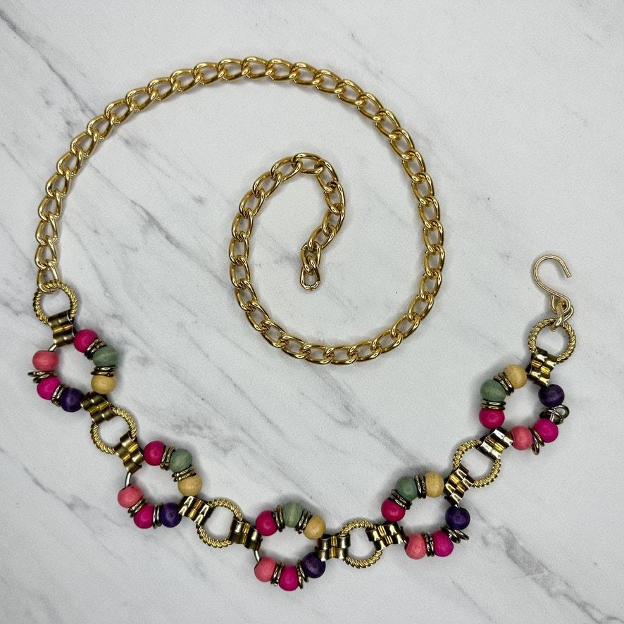 Vintage Wood Bead Chain Belt Gold Tone Colorful Boho  display picture 2