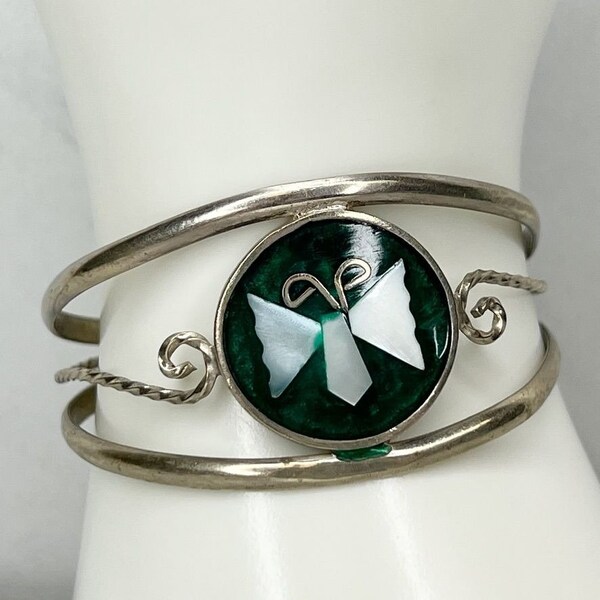 Vintage Alpaca Mexico Silver Tone Mother Pearl Butterfly Cuff Bracelet