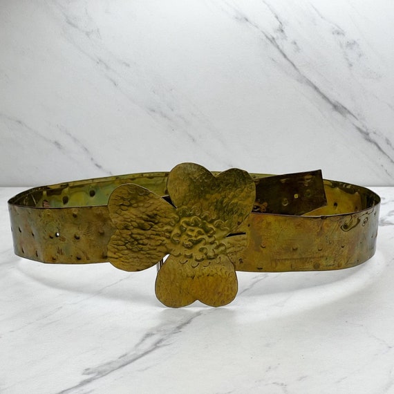 Vintage Handmade Hammered Metal Waist Belt Clover… - image 1