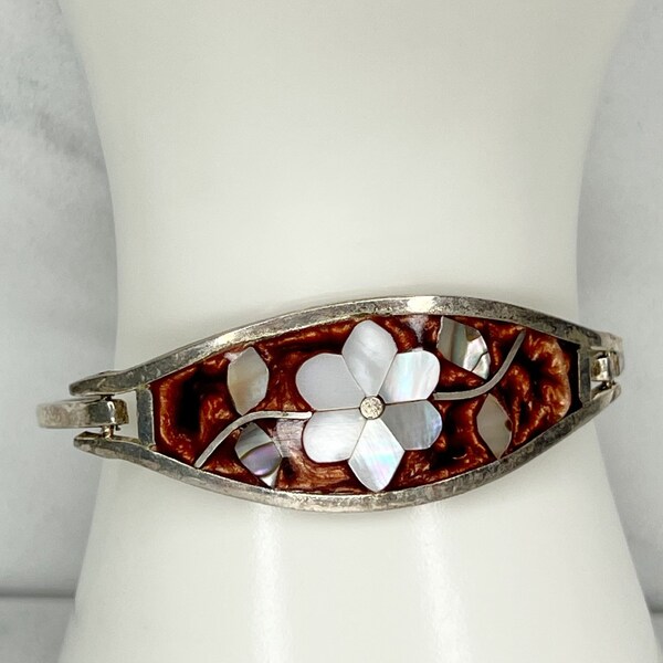 Vintage Alpaca Mexico Sterling Silver 925 Mother of Pearl Hinge Bangle Bracelet