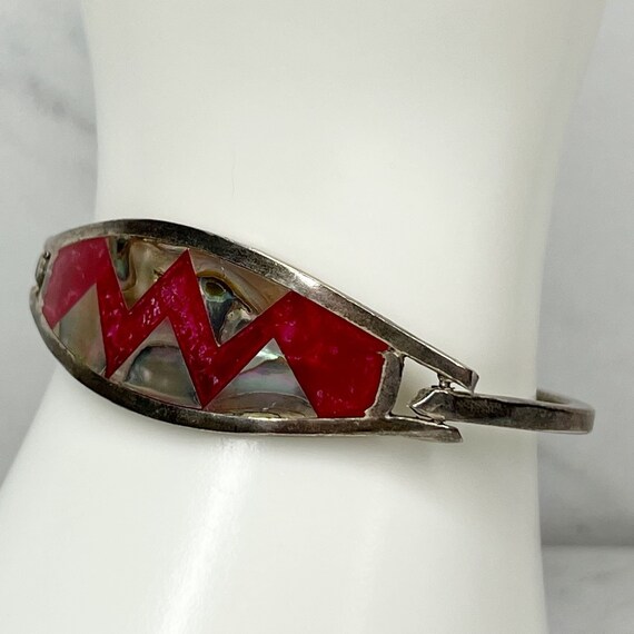 Vintage Silver Tone Abalone Shell Red Inlay Hinge… - image 3