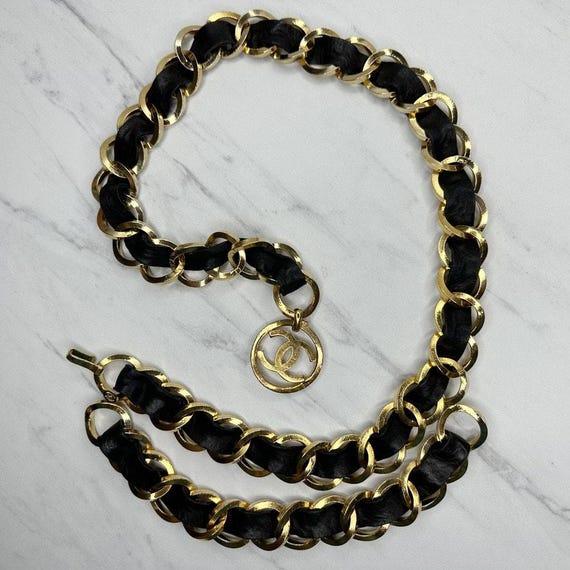 Chanel Gold Chain Belt with Black Leather Weave Vintage Chanel Wide Leather Weave Belt with Swag – Very Vintage main image 4