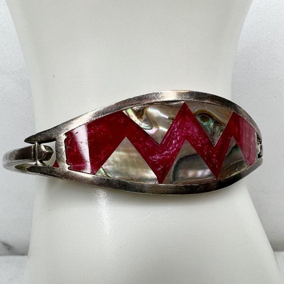 Vintage Silver Tone Abalone Shell Red Inlay Hinge… - image 6