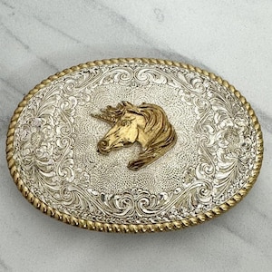 Crumrine Vintage Gold Silver Tone Unicorn Head Oval Scroll Western Belt Buckle Fits Up To 1.63"