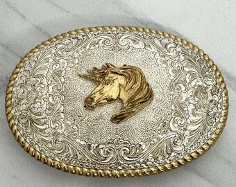 Crumrine Vintage goud-zilverkleurige eenhoornkop ovale scroll westerse riemgesp past tot 1,63"