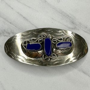 Vintage Hecho Mexico Silver Tone Lapis Lazuli Wirework Feather Hair Barrette ✨ Native American Sterling Silver Hair Barrette (113hair1  main image 3