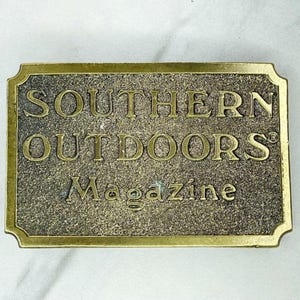 Vintage 1982 Southern Outdoors Magazine Belt Buckle Great American Buckle Co Gold Tone Hunting Fishing