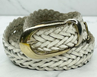 Vintage Capezio White Braided Leather Belt Medium Womens Woven Genuine Leather Gold Buckle Boho Chic Style