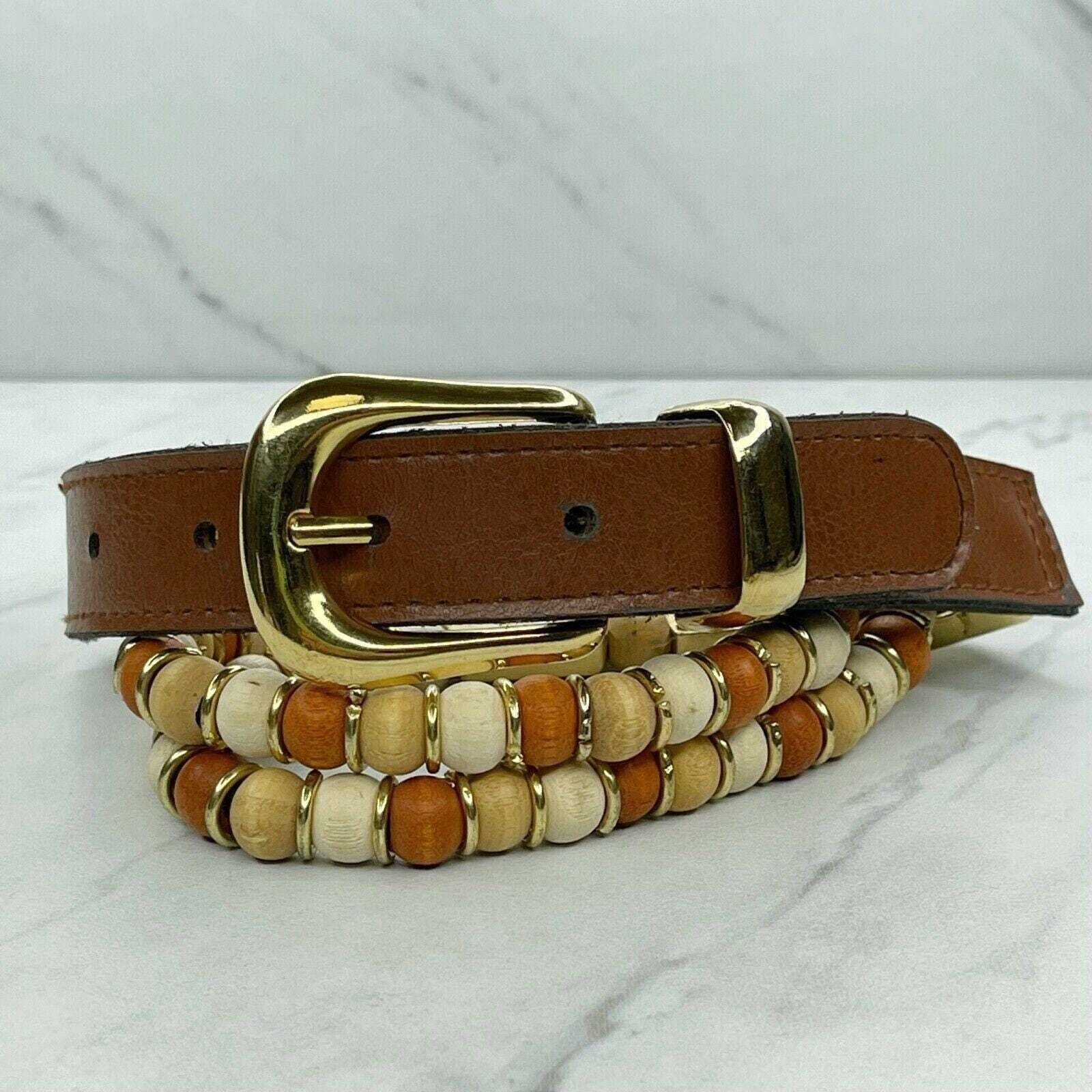 Express Belt Genuine Leather Taiwan  Wood Bead Buckle Women\'s Size M Bohemian Boho Wood and Glass Bead Elasticized Belt | Mercari main image 2