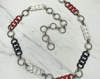 Vintage Chain And Medallion Belt With Patriotic Red White And Blue Beads New Old Stock Retro Vintage Patriotic Red White Blue Plastic  main image 2