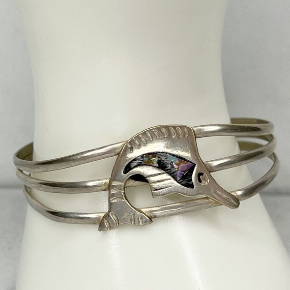 Vintage Abalone Shell Inlay Fish Silver Tone Cuff… - image 1
