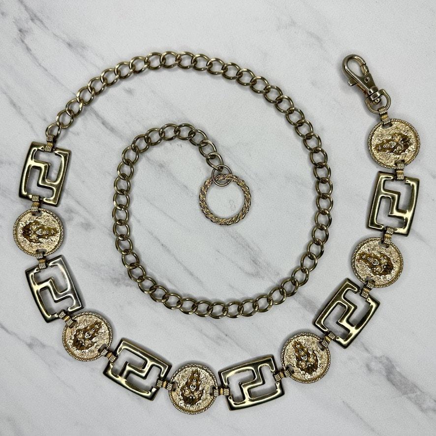 Vintage 80s 90s Gold Tone Lion Head Greek Key Medallion Chain Belt Size XS Small Vintage Gold Tone Lion Head Chain Belt Greek Key Medallion  main image 4