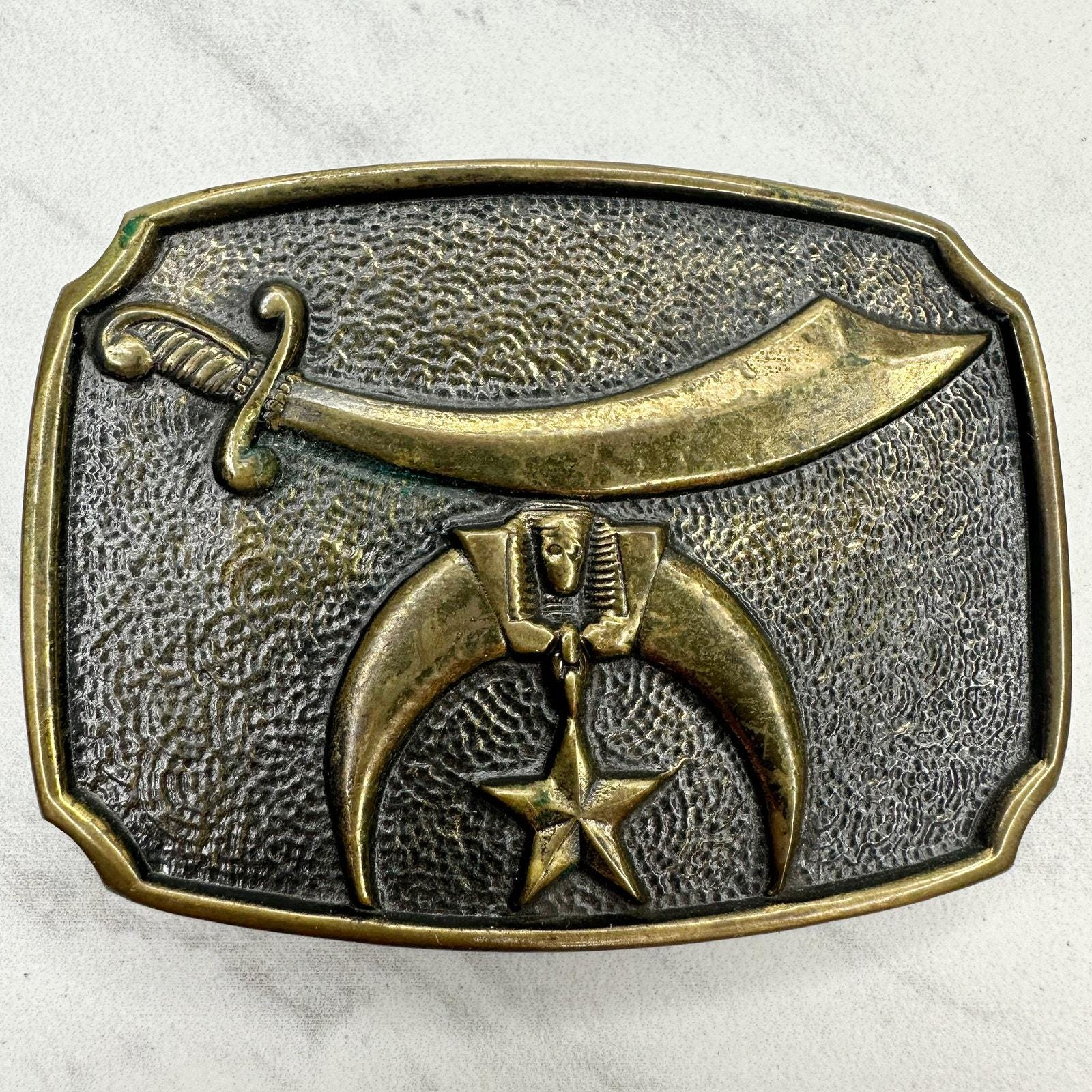 Vintage BTS Solid Brass Shriners Belt Buckle Made in USA Scimitar Star Fraternal Order Masonic Collectible