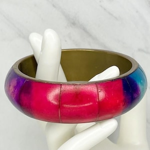 Vintage Chunky Regenbogen Inlay Armreif Armband Bunte Statement Schmuck Boho Pride Farben