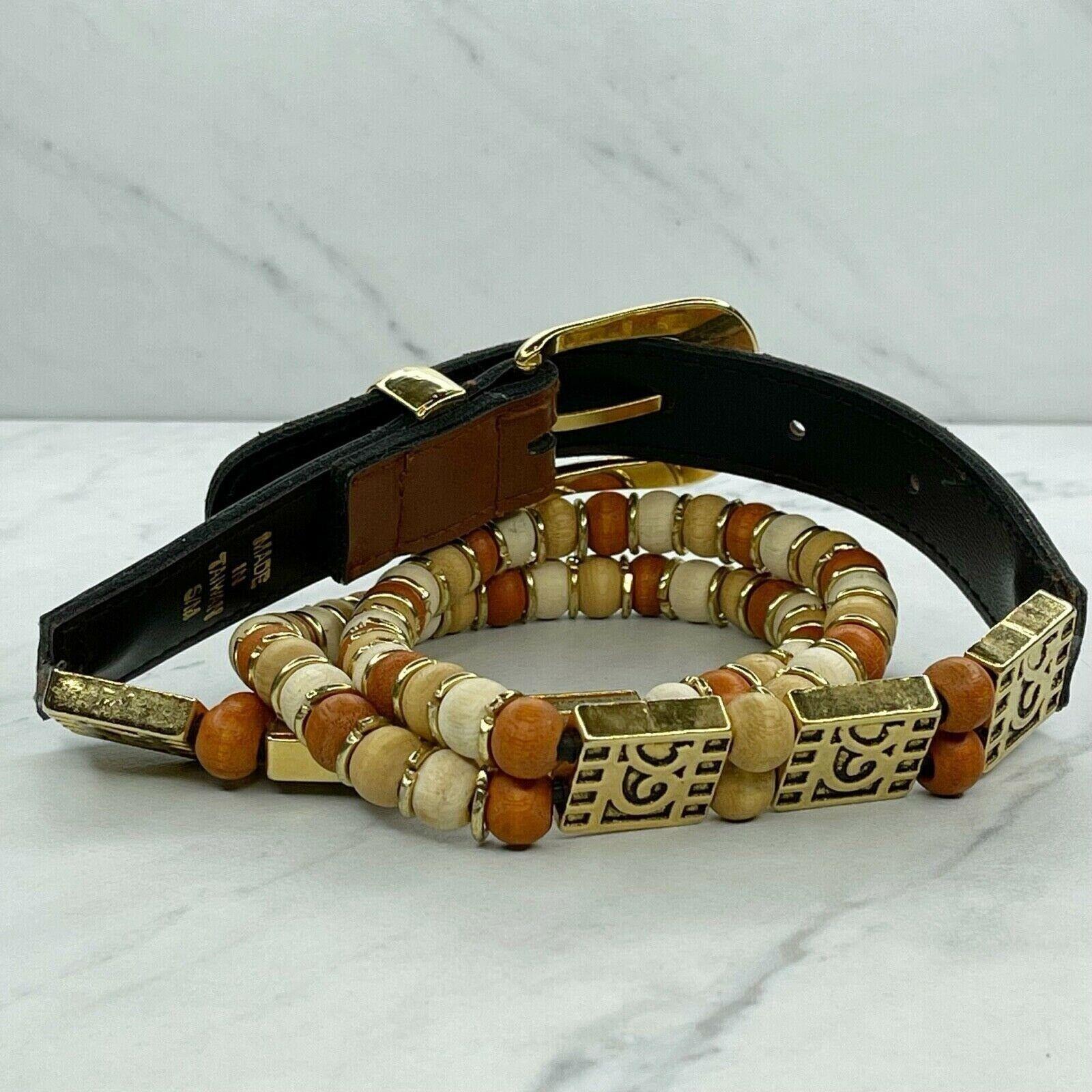 Express Belt Genuine Leather Taiwan  Wood Bead Buckle Women\'s Size M Bohemian Boho Wood and Glass Bead Elasticized Belt | Mercari main image 3