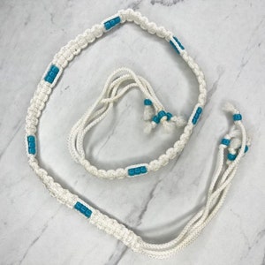Vintage Handmade Macrame Blue Beaded Woven Tie Belt Size XS Small S