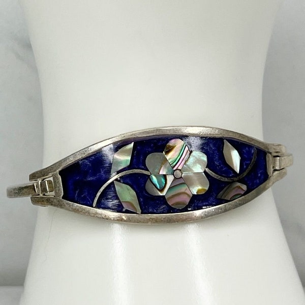 Vintage Alpaca Mexico Silver Tone Abalone Flower Inlay Bangle Bracelet