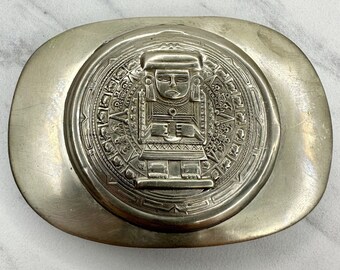 Taxco Vintage Mexico Silver Tone Mayan Aztec Calendar Belt Buckle