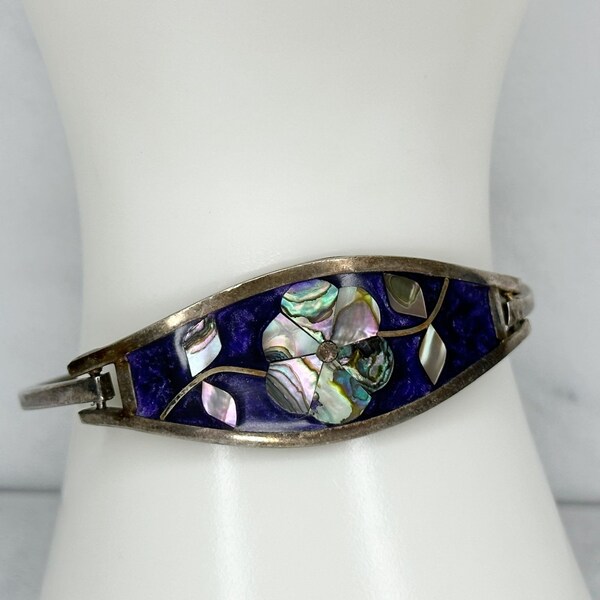 Vintage Alpaca Silver Tone Abalone Shell Flower Inlay Hinge Bangle Bracelet