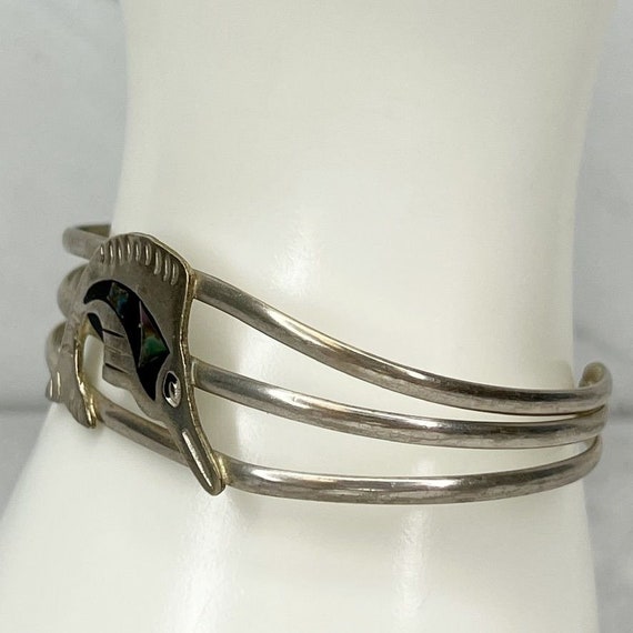 Vintage Abalone Shell Inlay Fish Silver Tone Cuff… - image 3