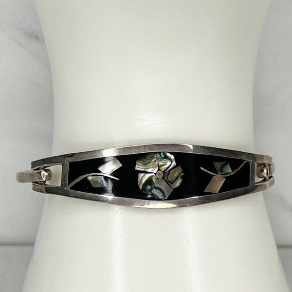 Vintage Taxco Mexico Silver Tone Abalone Shell Flower Hinge Bangle Bracelet