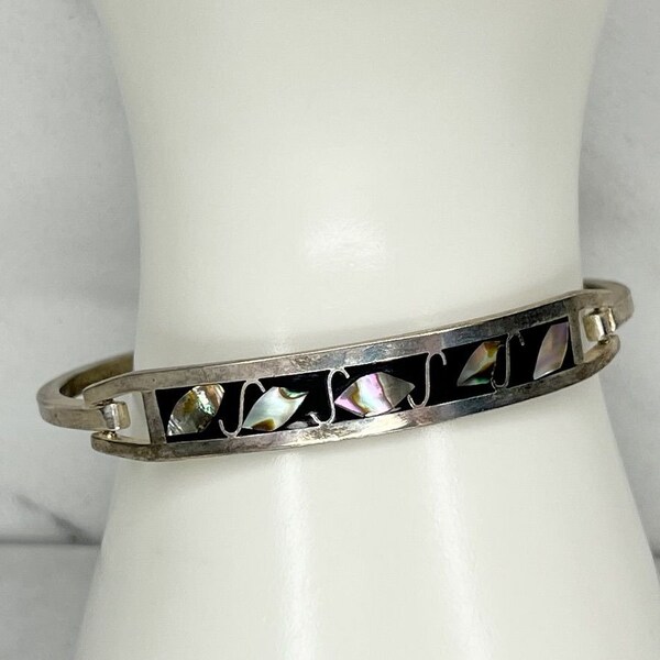 Vintage Alpaca Mexico Silver Tone Abalone Black Inlay Hinge Bangle Bracelet