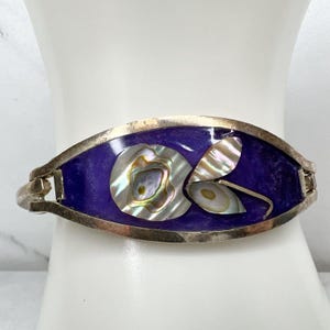 Vintage Mexico Alpaca Silver Abalone Shell Flower Purple Inlay Hinge Bangle Bracelet Boho Gift