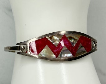 Vintage Silver Tone Abalone Shell Red Inlay Hinge Bangle Bracelet