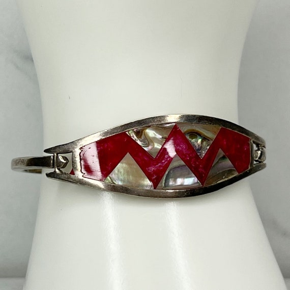 Vintage Silver Tone Abalone Shell Red Inlay Hinge… - image 1