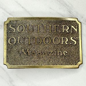 Vintage 1982 Southern Outdoors Magazine Belt Buckle Great American Buckle Co Gold Tone Hunting Fishing