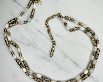 Vintage Express Perlen Kette Gürtel Gold Ton Weiße Perle Statement Statement Korea Groß XL 80er 90er Jahre