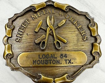 Fibbia per cintura vintage in ottone del sindacato Sheet Metal Workers Local 54 di Houston, Texas, adatta a cinture fino a 1,85 pollici di larghezza.