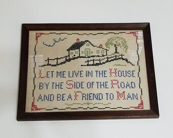 Vintage Handmade Folk Art Saying Needlepoint with Wooden Frame Americana