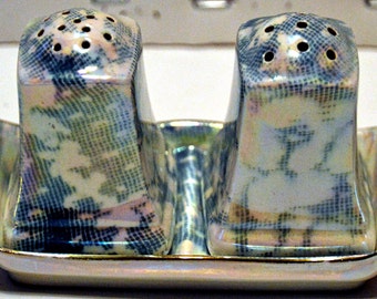 May include: A set of two salt and pepper shakers with a blue and white floral pattern. The shakers are on a matching tray with a gold rim.