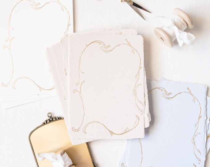 Baroque Hand-drawn Frame Gold Foil Pressed Note Cards on Handmade Paper ...