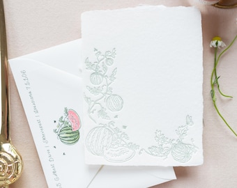 Watermelon Vine Letterpress Handmade Paper Stationery A2 Size with Envelopes | Set of 5