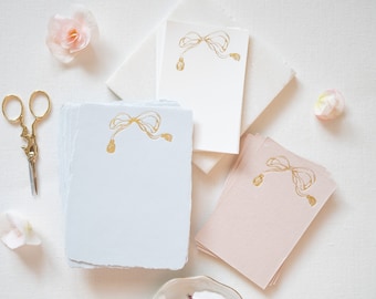 Bow and Tassel Hand-drawn Gold Foil Pressed Note Cards on Handmade Paper, Handmade Paper with cut edge, OR Cardstock- Set of 5