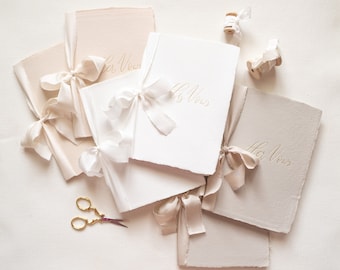 GOLD FOIL PRESSED Pair ‘his and hers’ Wedding Vow Books on Handmade Paper with Silk Ribbon | Flat lay styling | Blush | White | Taupe