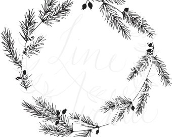 Pen and Ink Holiday Evergreen Fir Wreath Download
