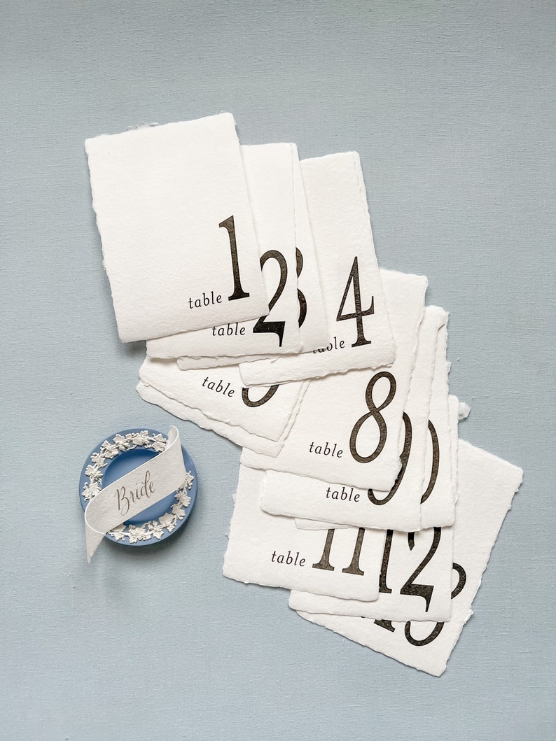 Table Numbers on White Handmade Paper with Deckled Edges 5x7 Inches Classic-Traditional-Modern Designs ink color options wedding day of image 3