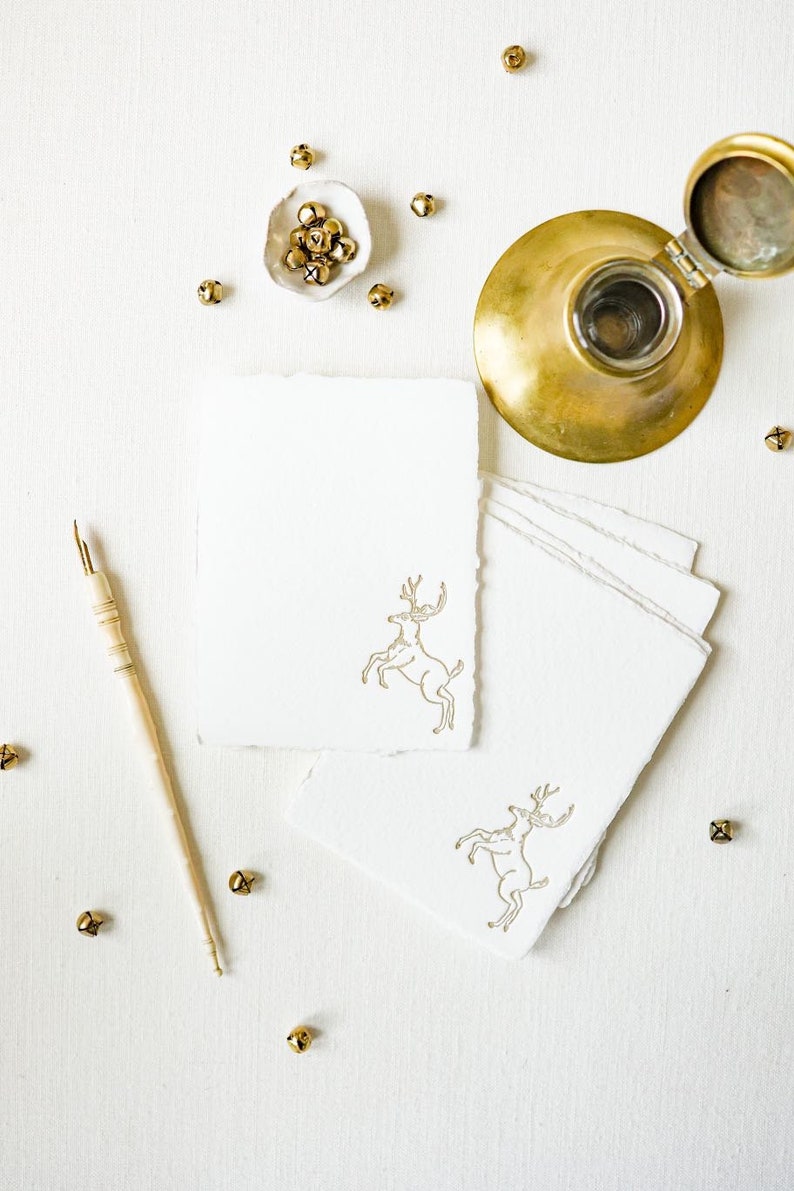 Letterpressed Reindeer Christmas Note Cards on White Handmade Paper set of 5 A2 size image 1