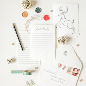 Kit de escrita de carta para Papai Noel com papel de samambaia feito à mão, fita Washi, caneta, adesivos 3D, selos vintage