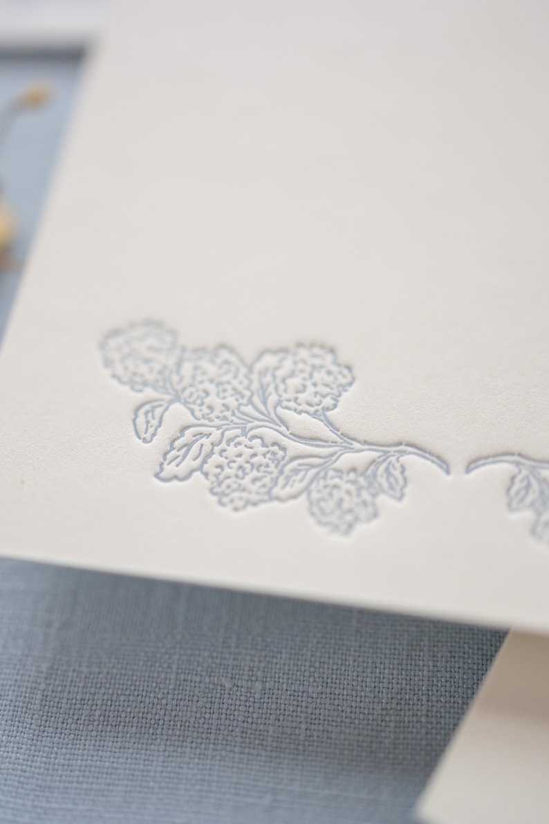 Hydrangea Hand-drawn Letterpressed in Blue Place Cards on Handmade Paper or A2 Note Cards onCardstock Set of 5 image 4