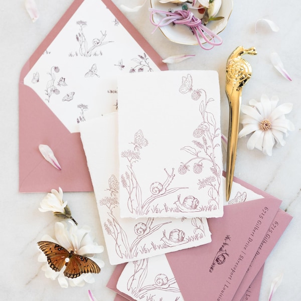 Schneckenpost Briefkarten Set: handgezeichnetes Letterpress Briefpapier, rosa Briefumschläge im 5er Set