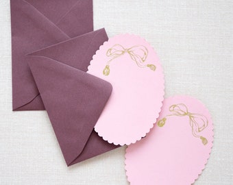 Pink Scalloped Bow and Tassel Hand-drawn Gold Foil Pressed 4bar size Note Cards with Merlot Envelopes- Set of 5