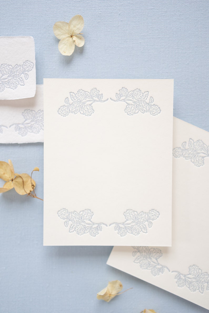 Hydrangea Hand-drawn Letterpressed in Blue Place Cards on Handmade Paper or A2 Note Cards onCardstock Set of 5 image 5