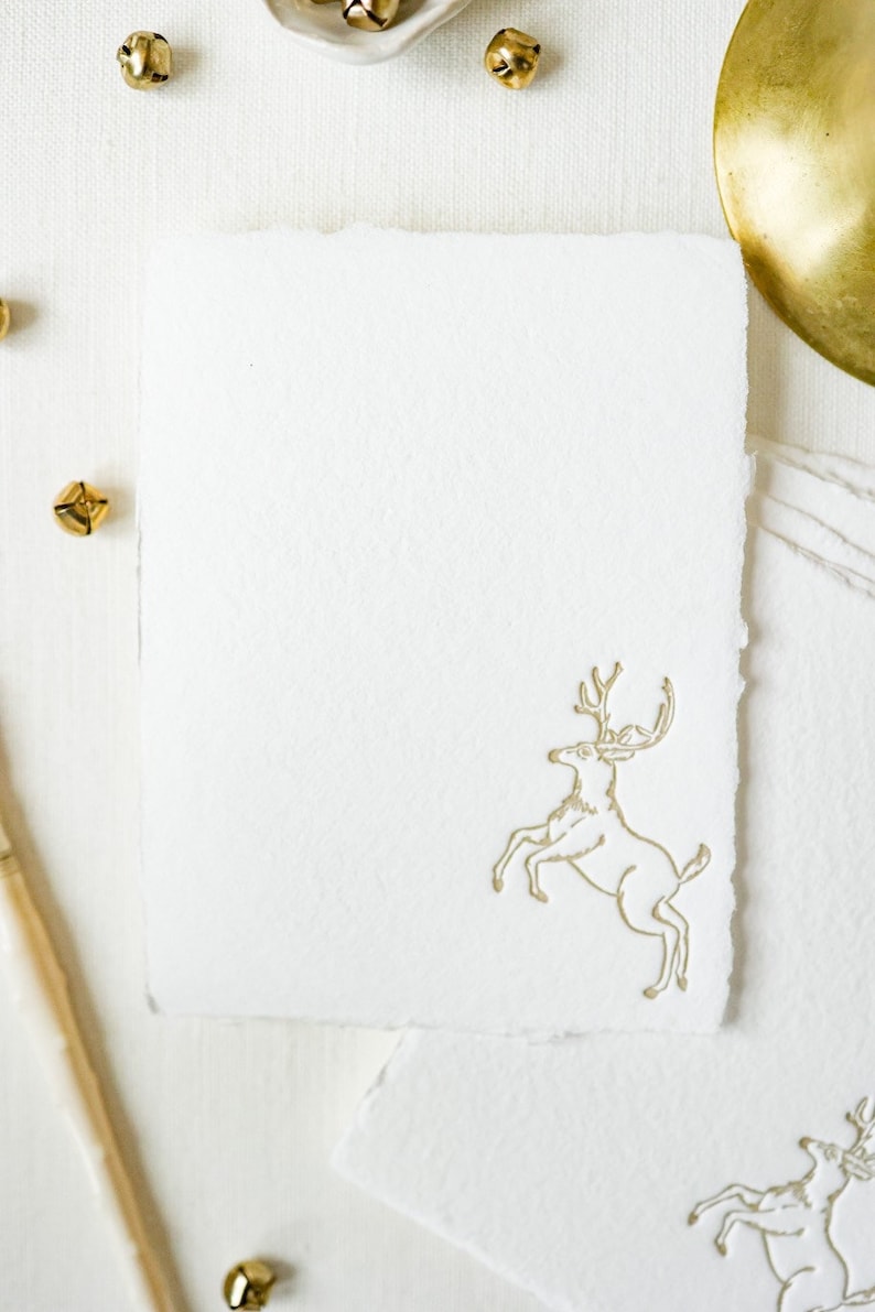 Letterpressed Reindeer Christmas Note Cards on White Handmade Paper set of 5 A2 size image 4