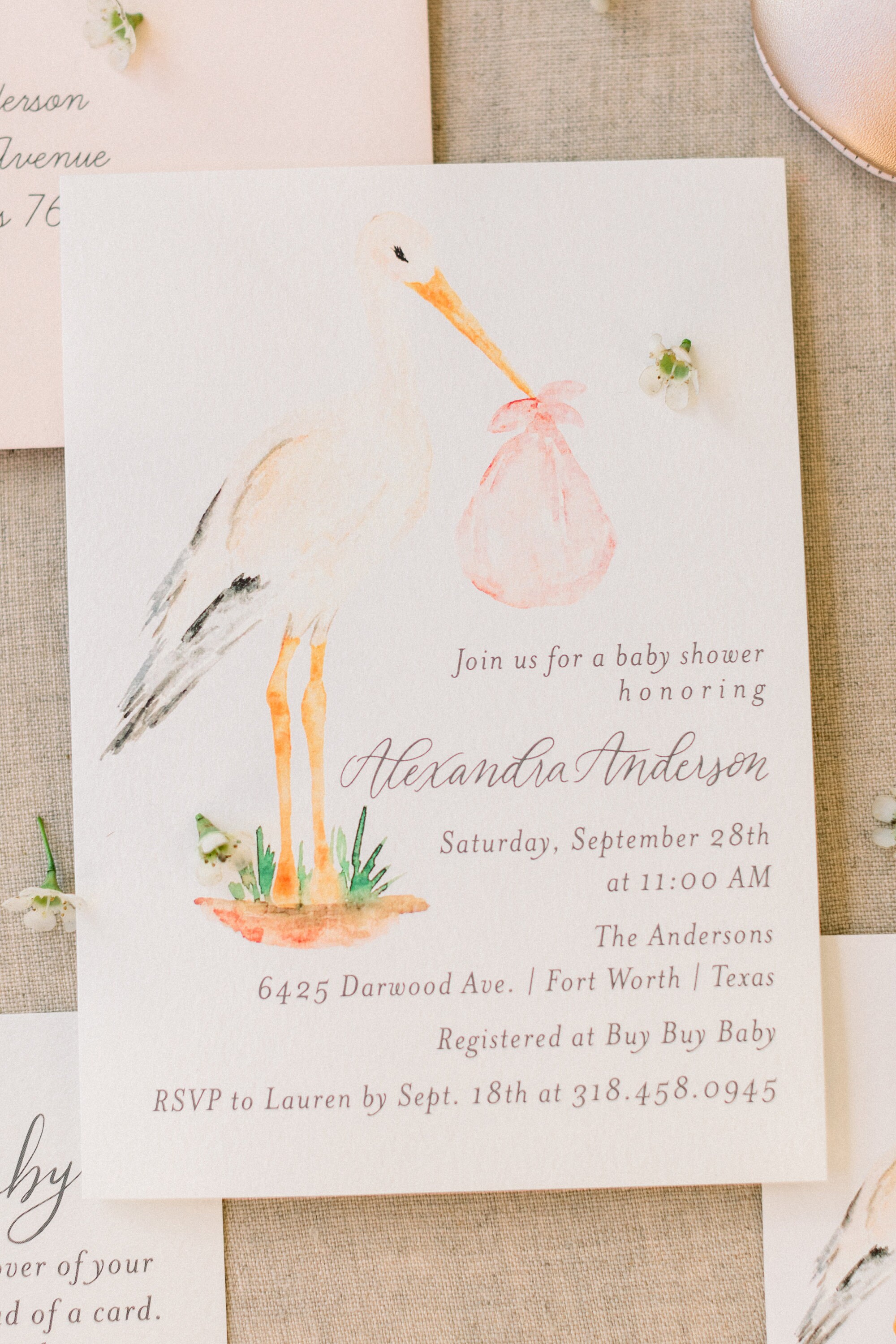 Stork Watercolor Baby Shower Invitations SemiCustom Cardstock OR