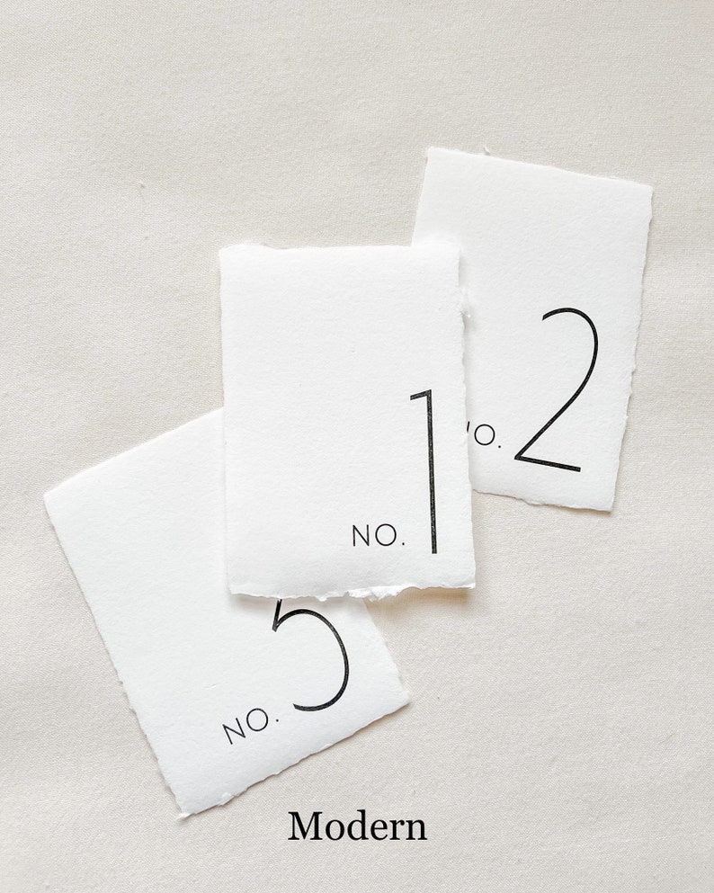 Table Numbers on White Handmade Paper with Deckled Edges 5x7 Inches Classic-Traditional-Modern Designs ink color options wedding day of image 6