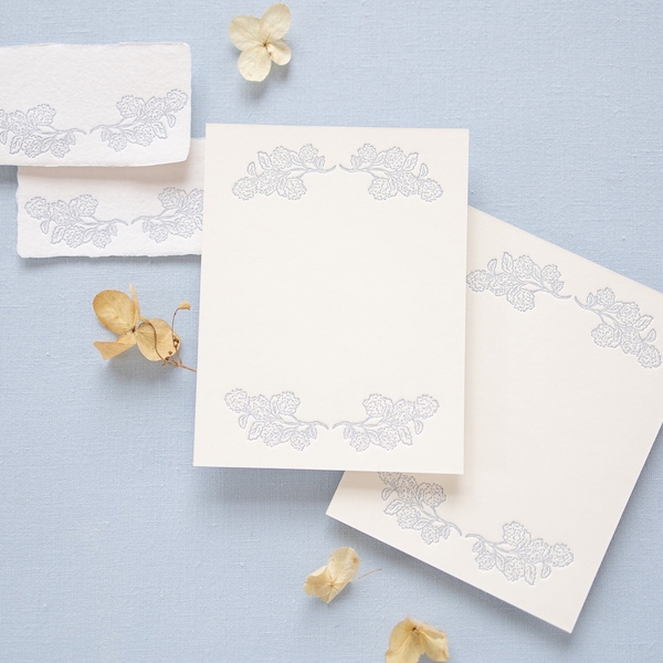 Hydrangea Hand-drawn Letterpressed in Blue Place Cards on Handmade Paper or A2 Note Cards onCardstock- Set of 5